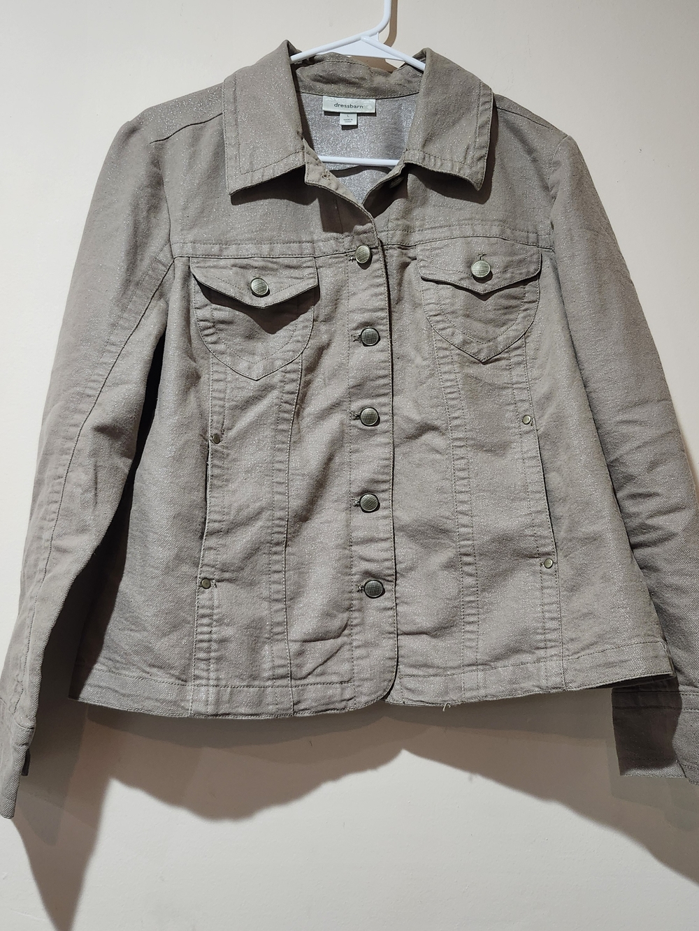 Dressbarn Beige/slighty Pinkish Women's Glitter Button-Front Jean Jacket